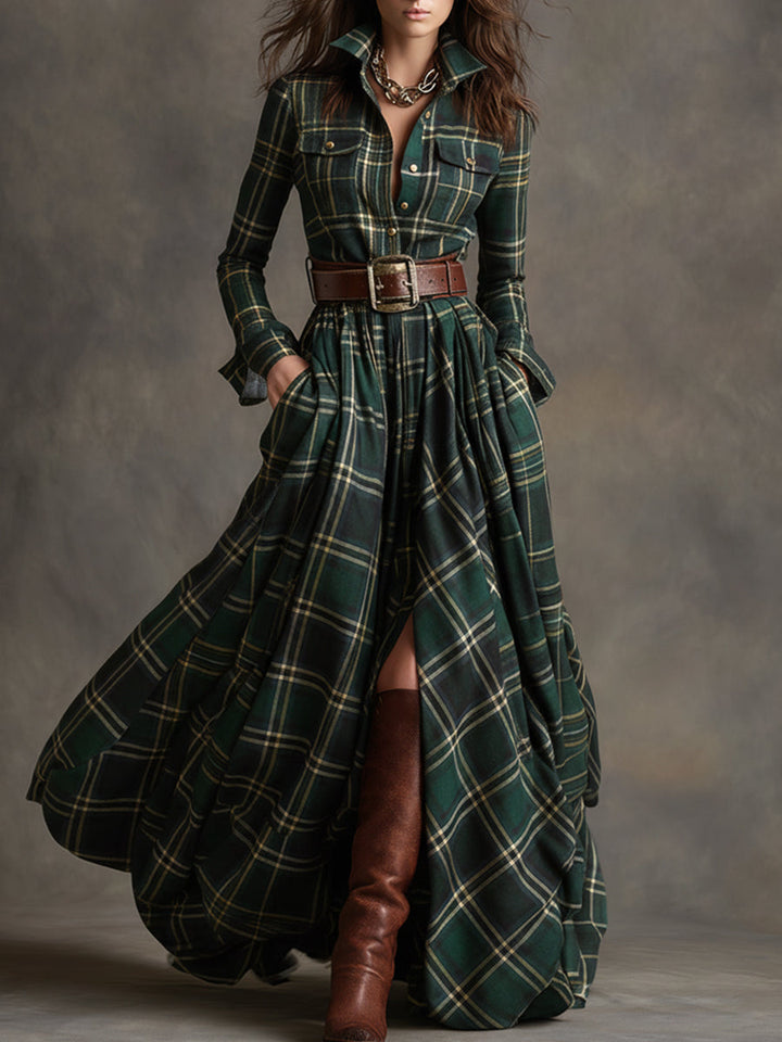 Harriet™ – Belted Plaid Maxi Shirt Dress