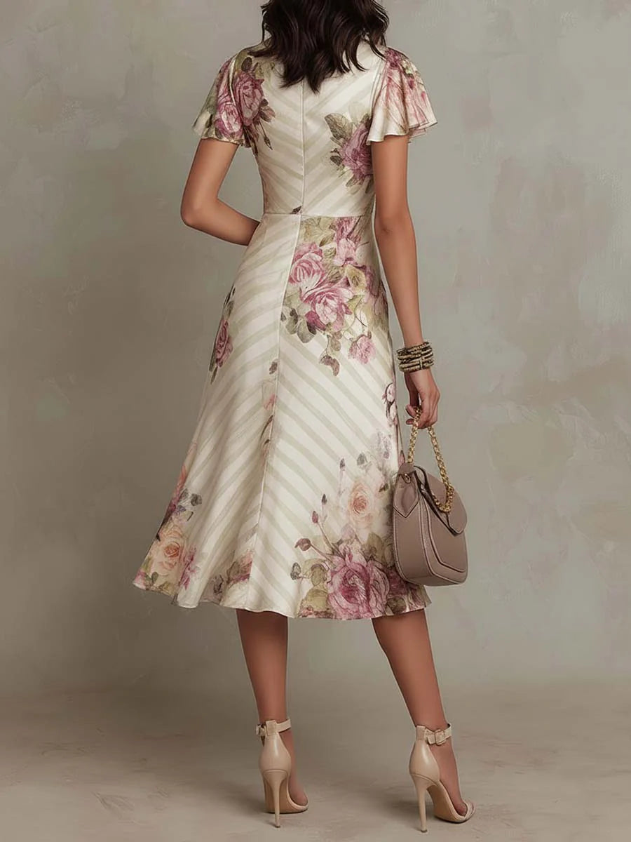 Alba™ – Vintage Floral Satin Midi Dress
