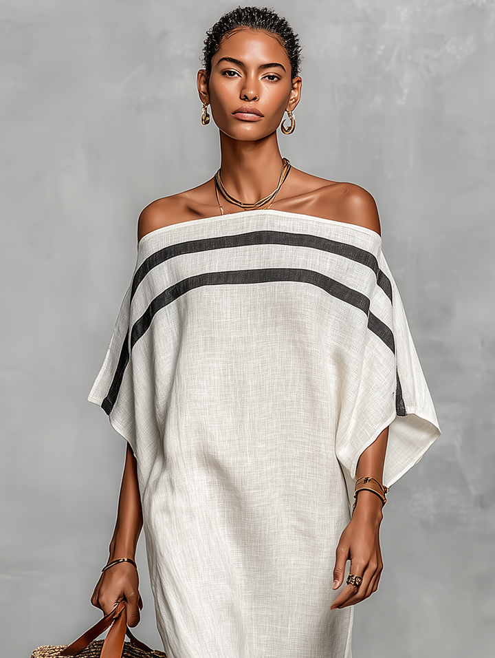Women's Maxi Linen Dress with Off-the-Shoulder Neckline and Batwing Sleeves - Minimalist Style