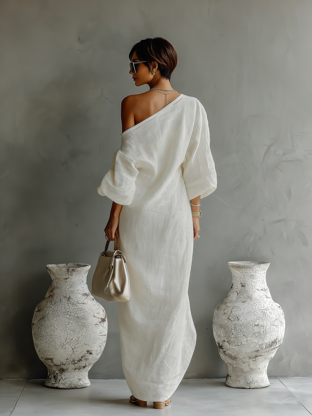 Ivory White Cotton-Linen Off-Shoulder Elegant Flowing Dress