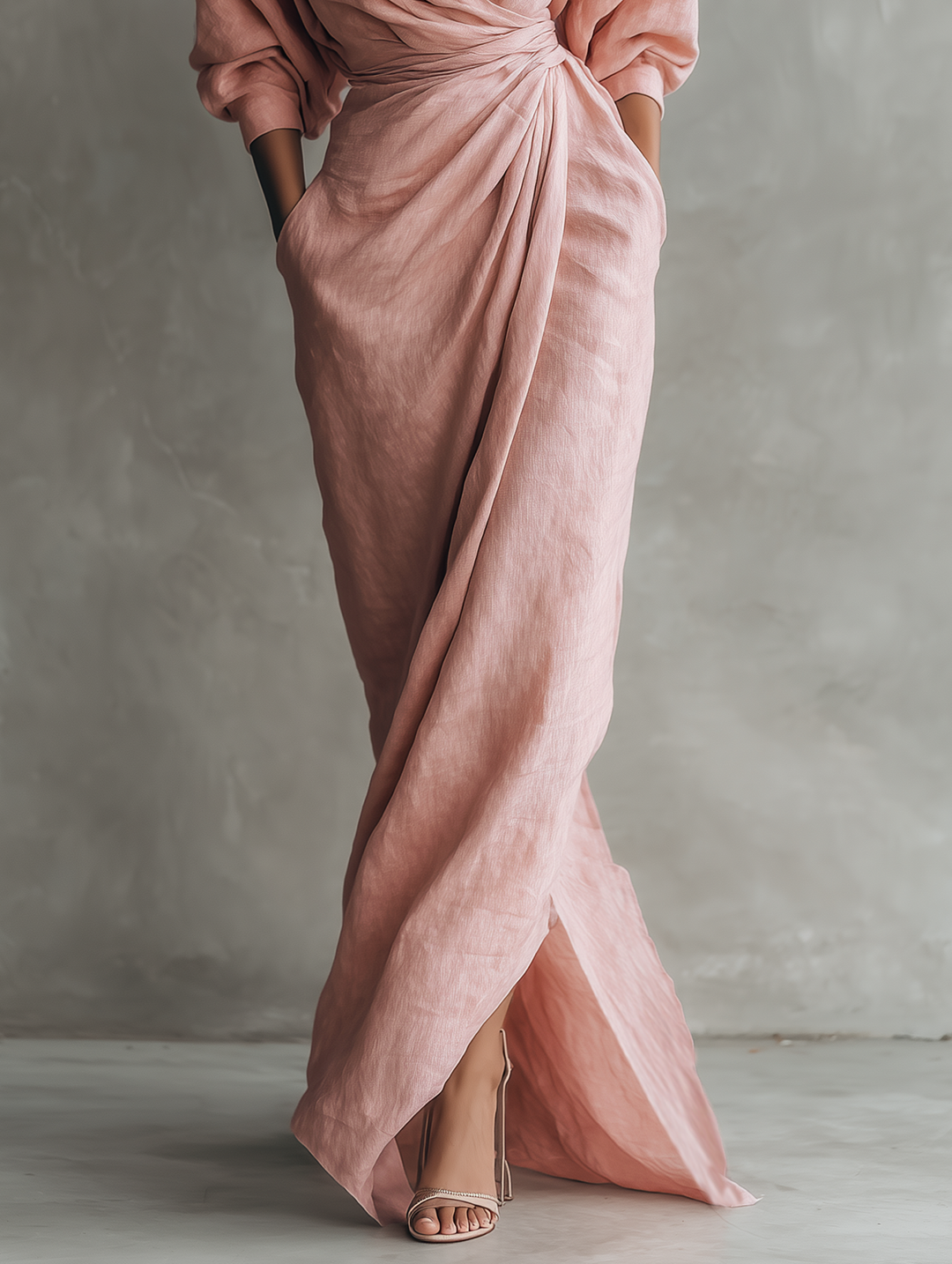 Women's Pink Linen Blend Maxi Dress with V-Neck - Minimalist Style