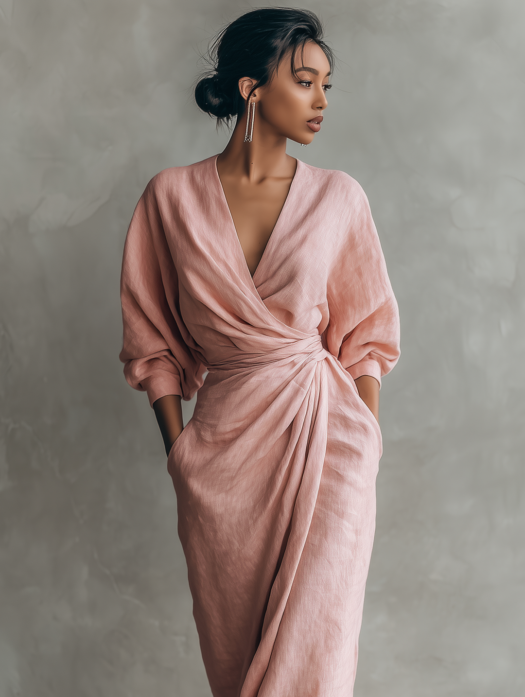 Women's Pink Linen Blend Maxi Dress with V-Neck - Minimalist Style