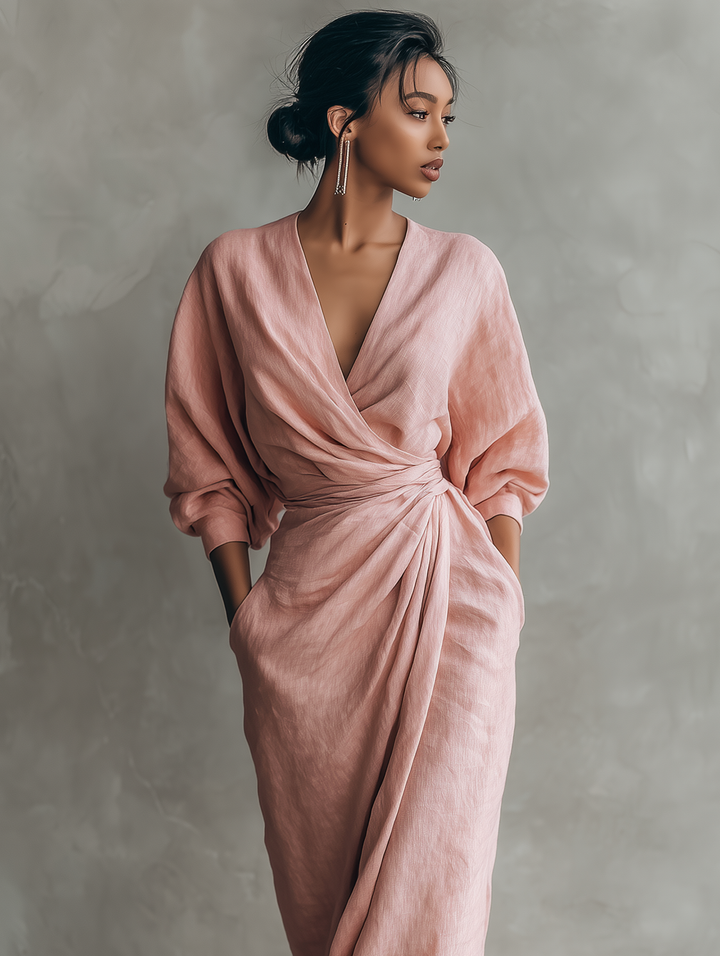 Women's Pink Linen Blend Maxi Dress with V-Neck - Minimalist Style
