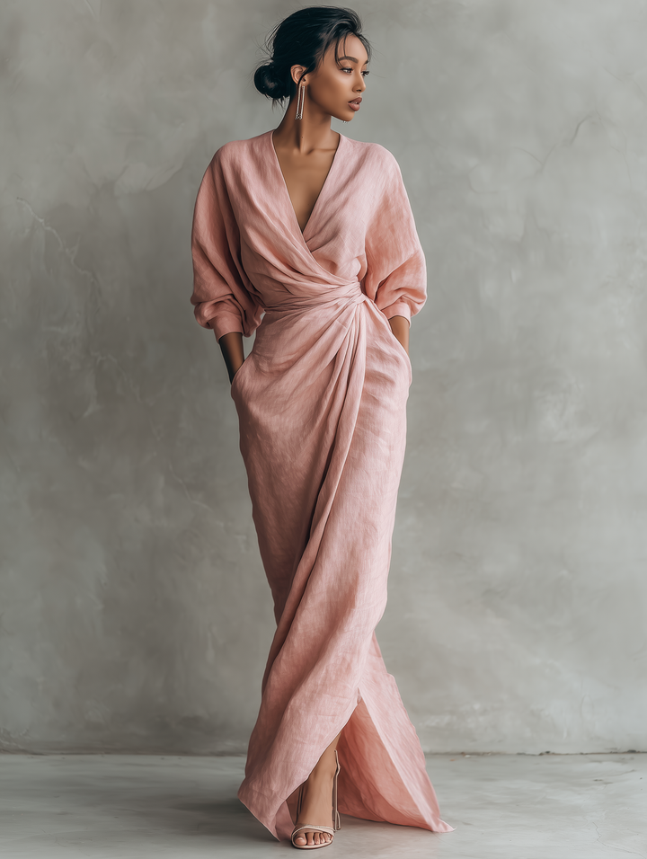 Women's Pink Linen Blend Maxi Dress with V-Neck - Minimalist Style