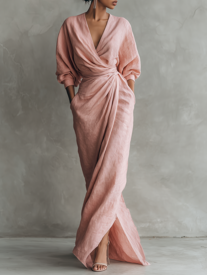 Women's Pink Linen Blend Maxi Dress with V-Neck - Minimalist Style