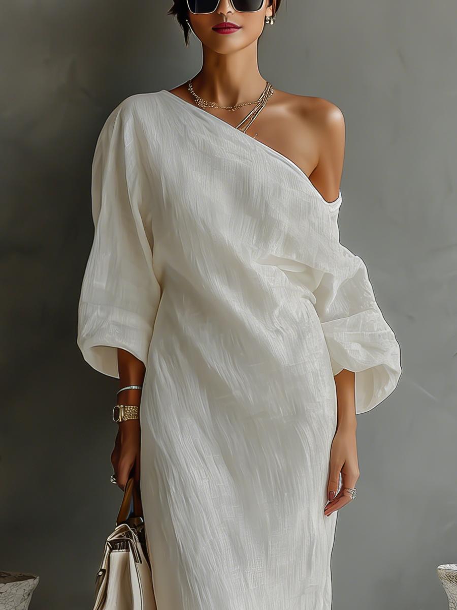 Ivory White Cotton-Linen Off-Shoulder Elegant Flowing Dress