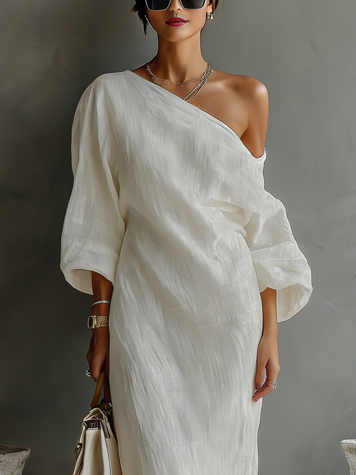 Ivory White Cotton-Linen Off-Shoulder Elegant Flowing Dress