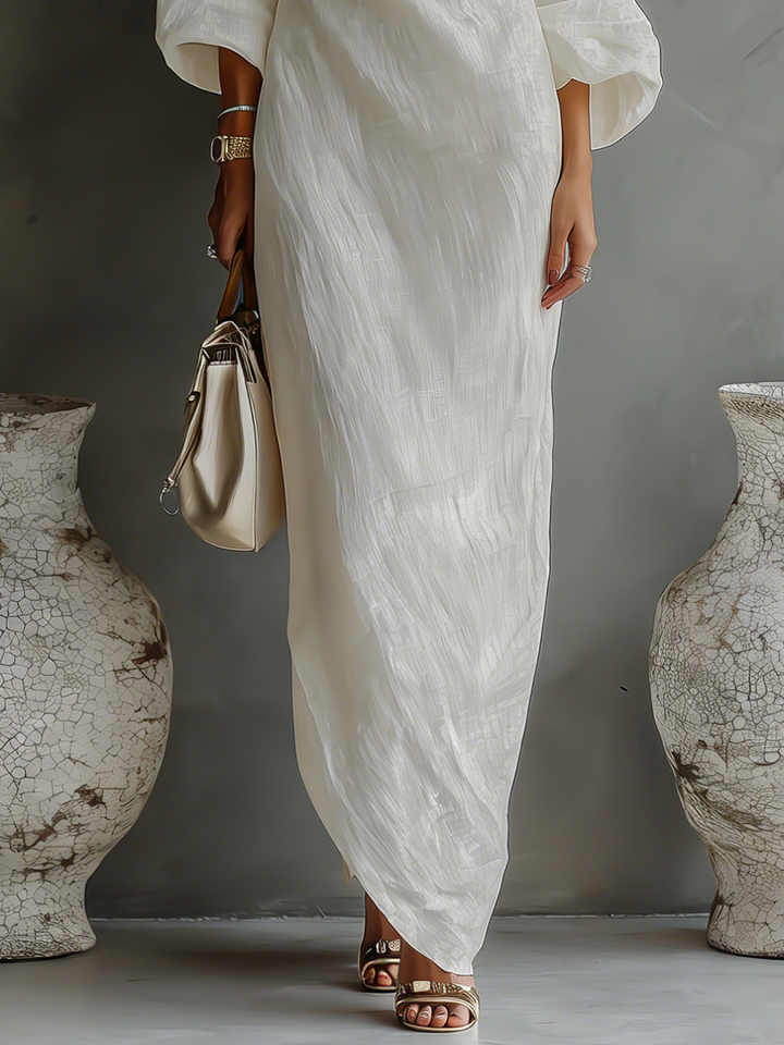 Ivory White Cotton-Linen Off-Shoulder Elegant Flowing Dress