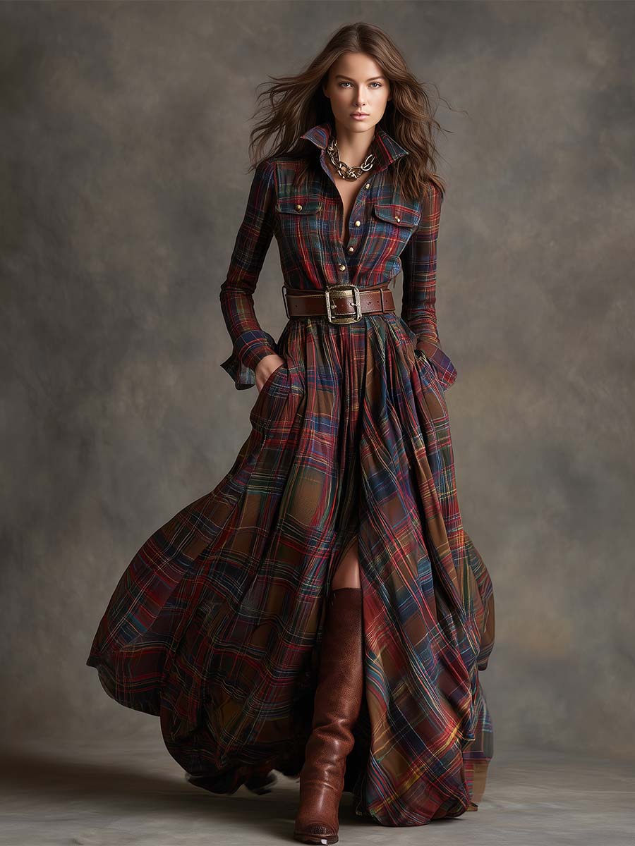 Harriet™ – Belted Plaid Maxi Shirt Dress