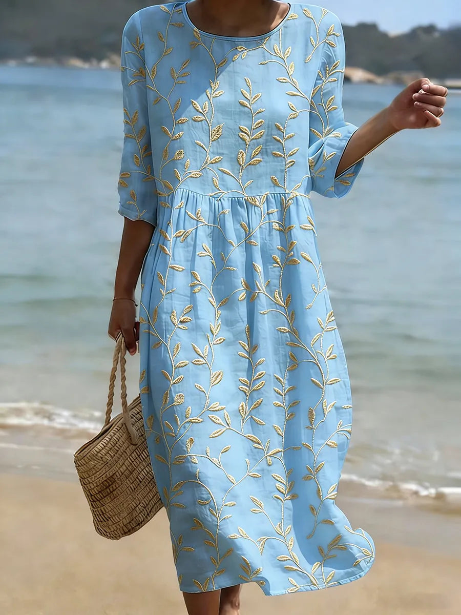 Natalie | Midi Dress with Plant and Flower Print and Round Neck