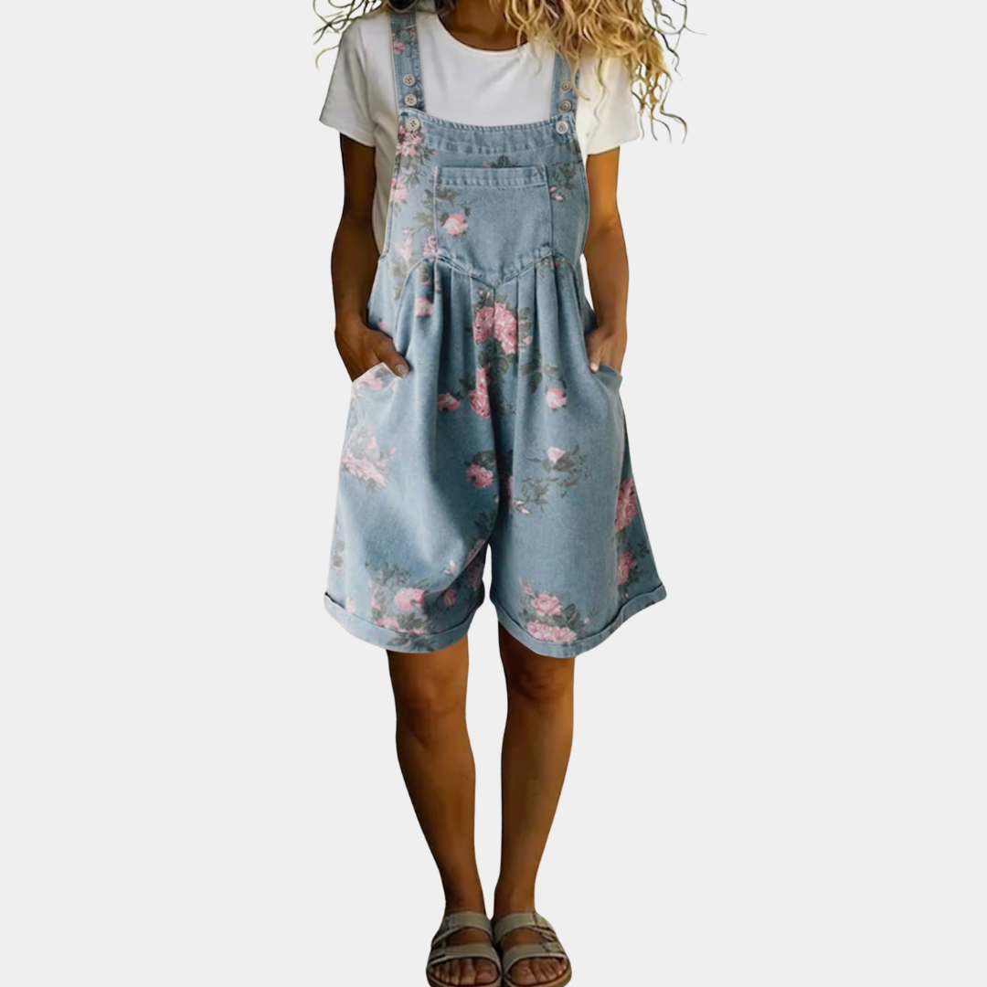 Judy™ | Retro Floral Denim Jumpsuit with Vintage Wash
