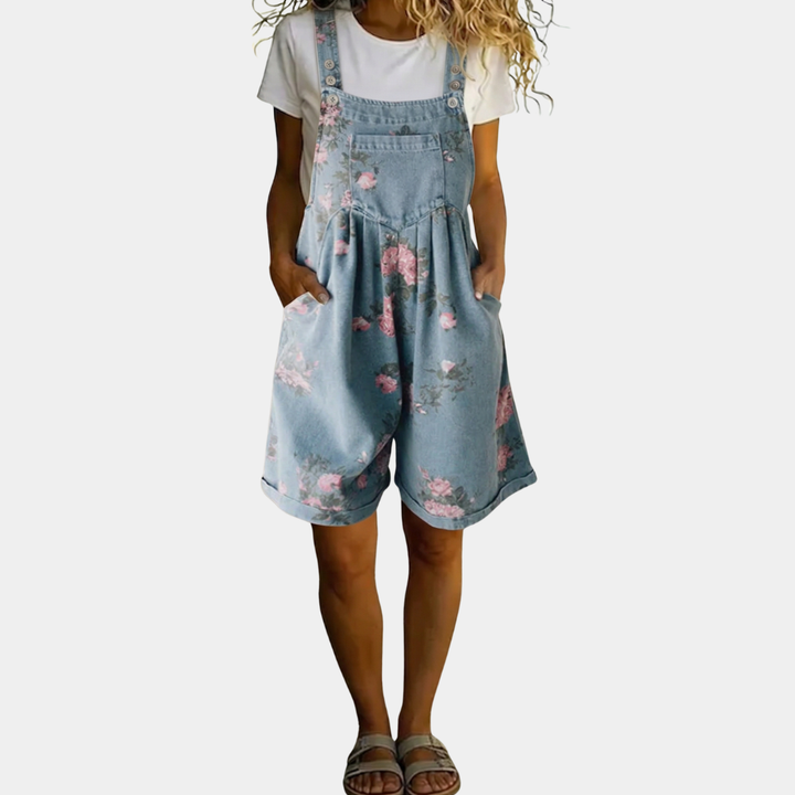 Judy™ | Retro Floral Denim Jumpsuit with Vintage Wash