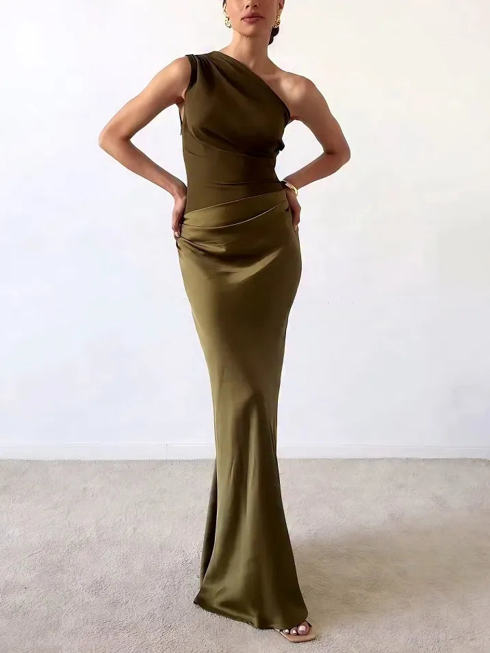 Anita™ – Elegant One-Shoulder Satin Maxi Dress