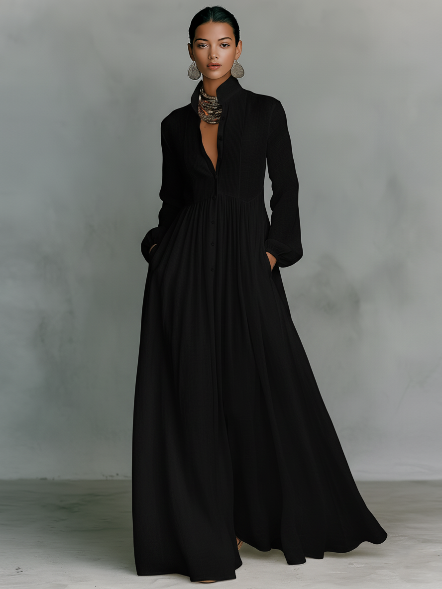 Chic Cotton-Linen Maxi Dress with Patchwork, High Collar, and Long Sleeves