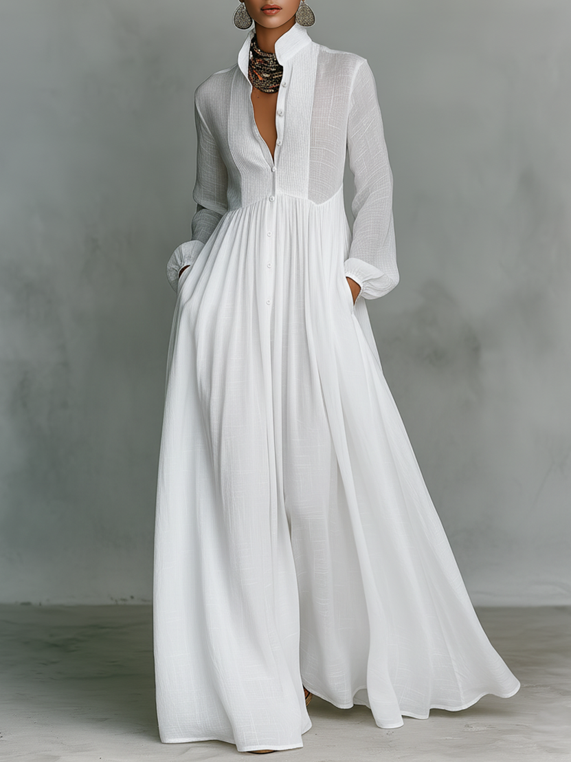 Chic Cotton-Linen Maxi Dress with Patchwork, High Collar, and Long Sleeves