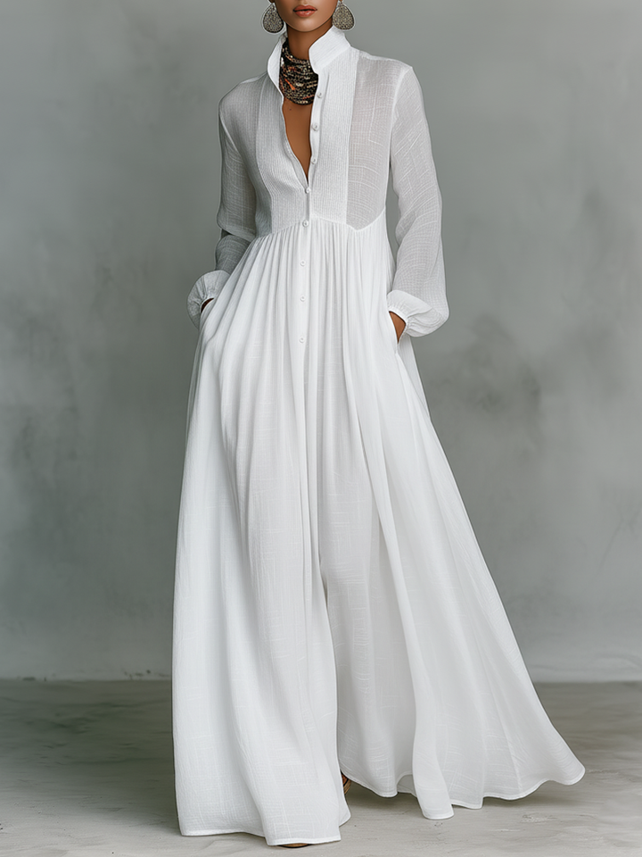 Chic Cotton-Linen Maxi Dress with Patchwork, High Collar, and Long Sleeves