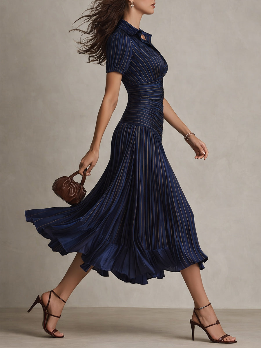 Adriana™ – Retro Striped Satin Midi Dress
