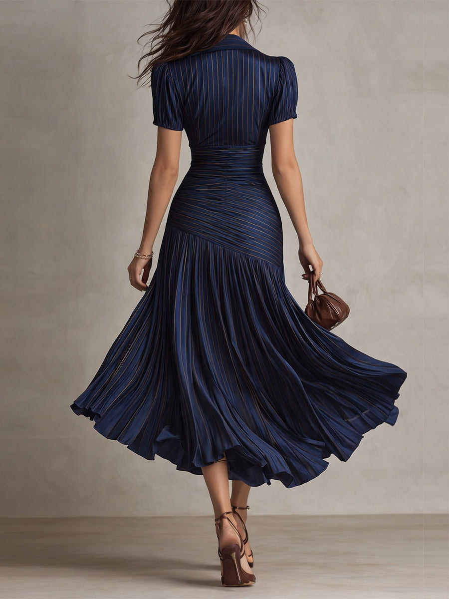 Adriana™ – Retro Striped Satin Midi Dress