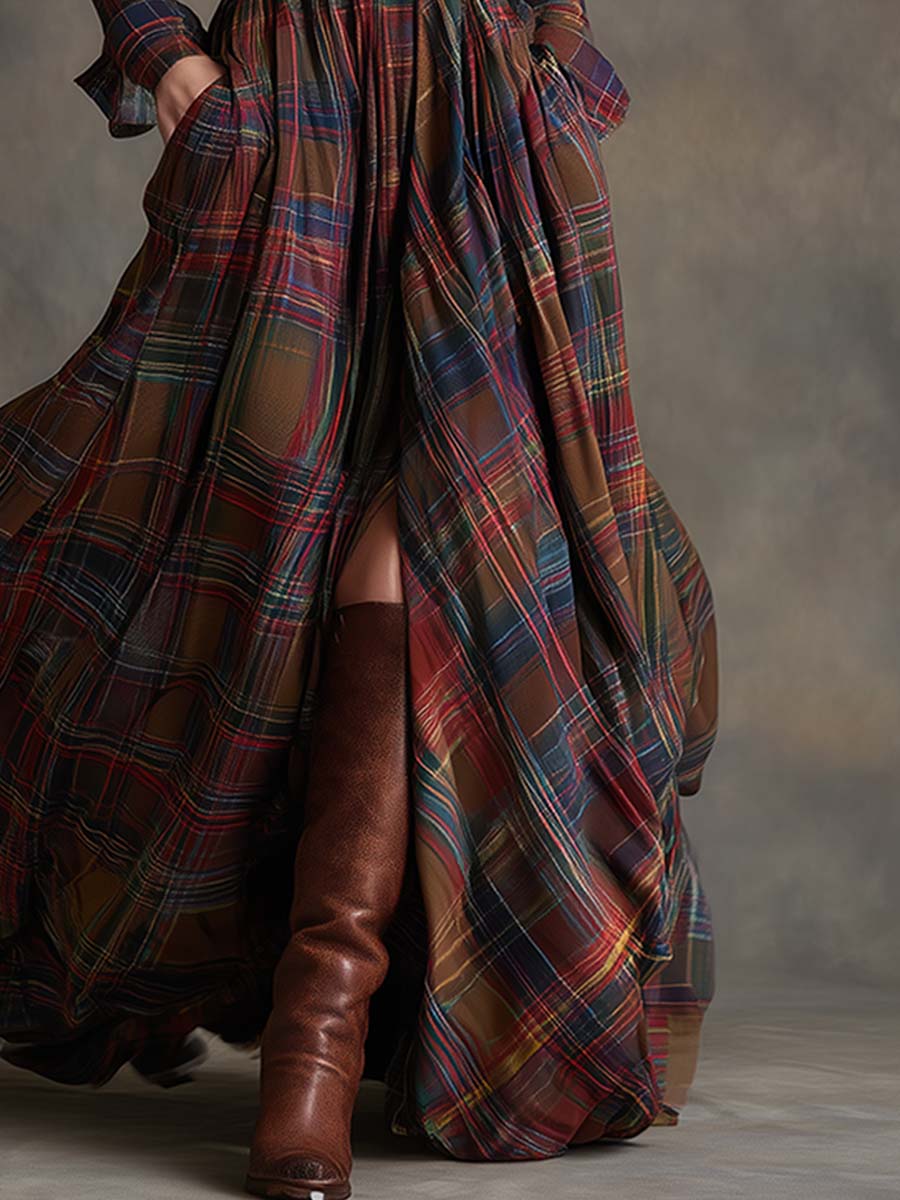 Harriet™ – Belted Plaid Maxi Shirt Dress