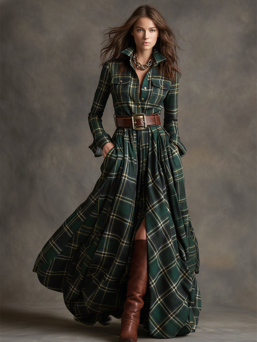 Harriet™ – Belted Plaid Maxi Shirt Dress