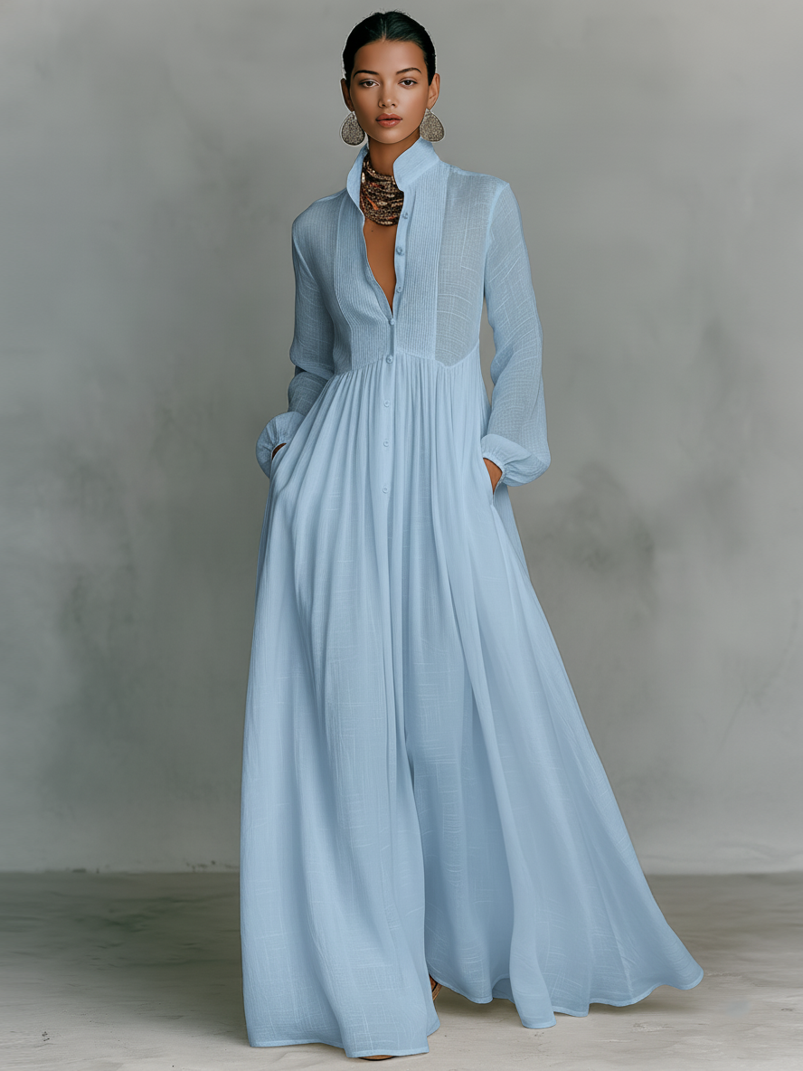 Chic Cotton-Linen Maxi Dress with Patchwork, High Collar, and Long Sleeves