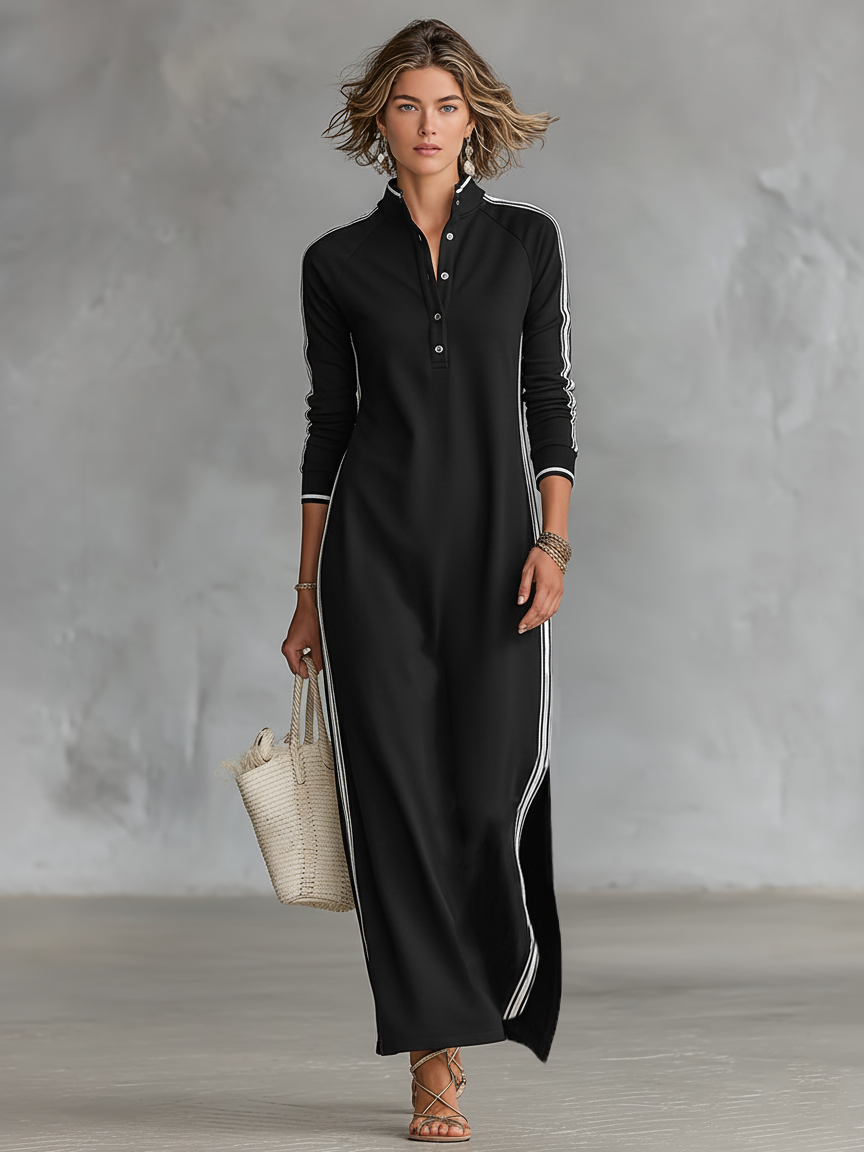 Women's Maxi Sweatshirt Dress with Button-Down Collar and White Trim