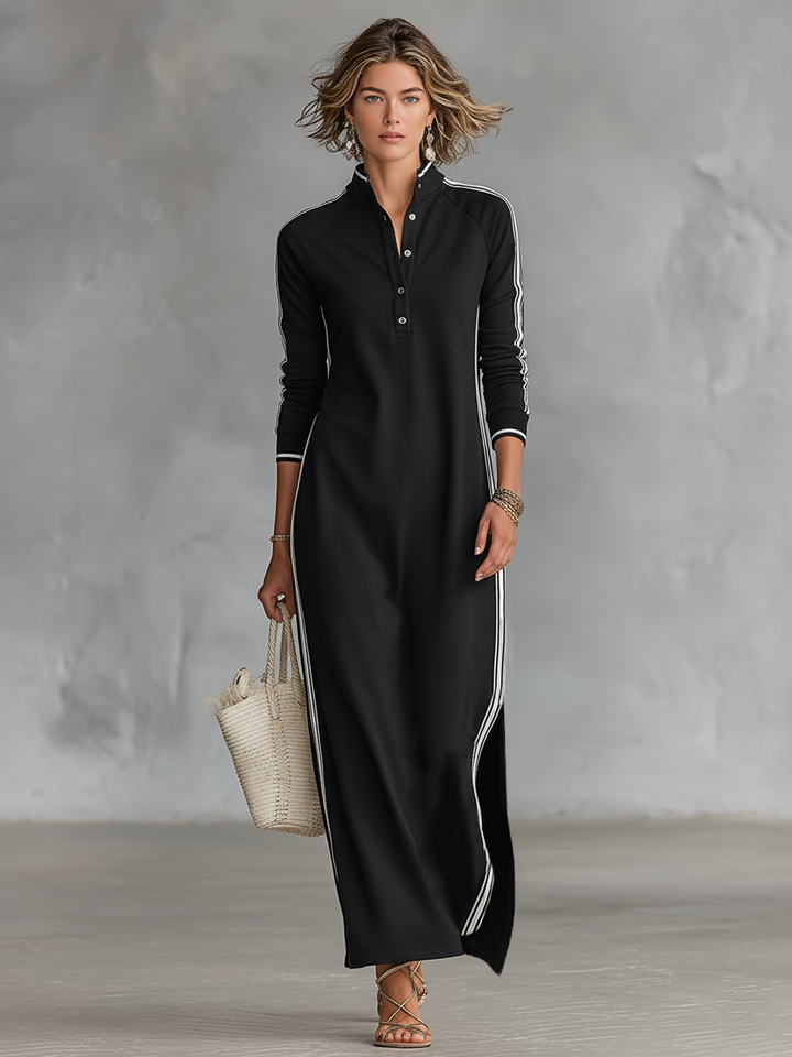 Women's Maxi Sweatshirt Dress with Button-Down Collar and White Trim