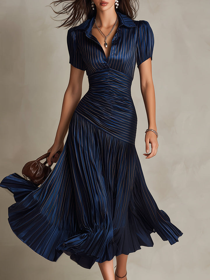 Adriana™ – Retro Striped Satin Midi Dress