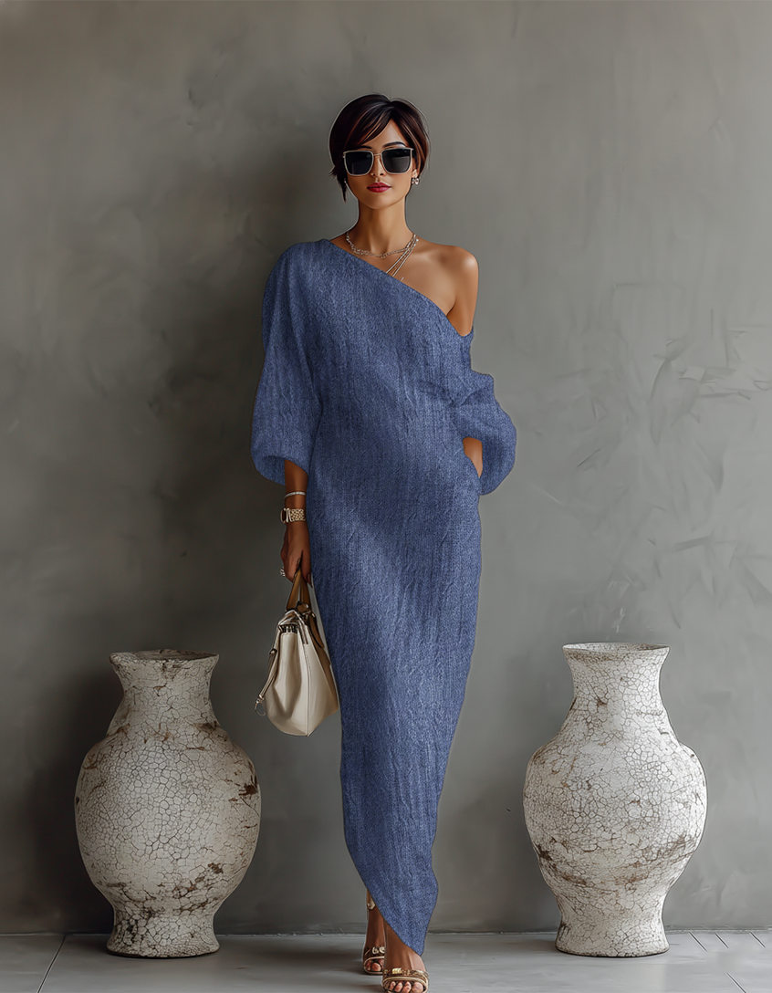Ivory White Cotton-Linen Off-Shoulder Elegant Flowing Dress