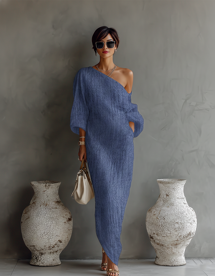 Ivory White Cotton-Linen Off-Shoulder Elegant Flowing Dress