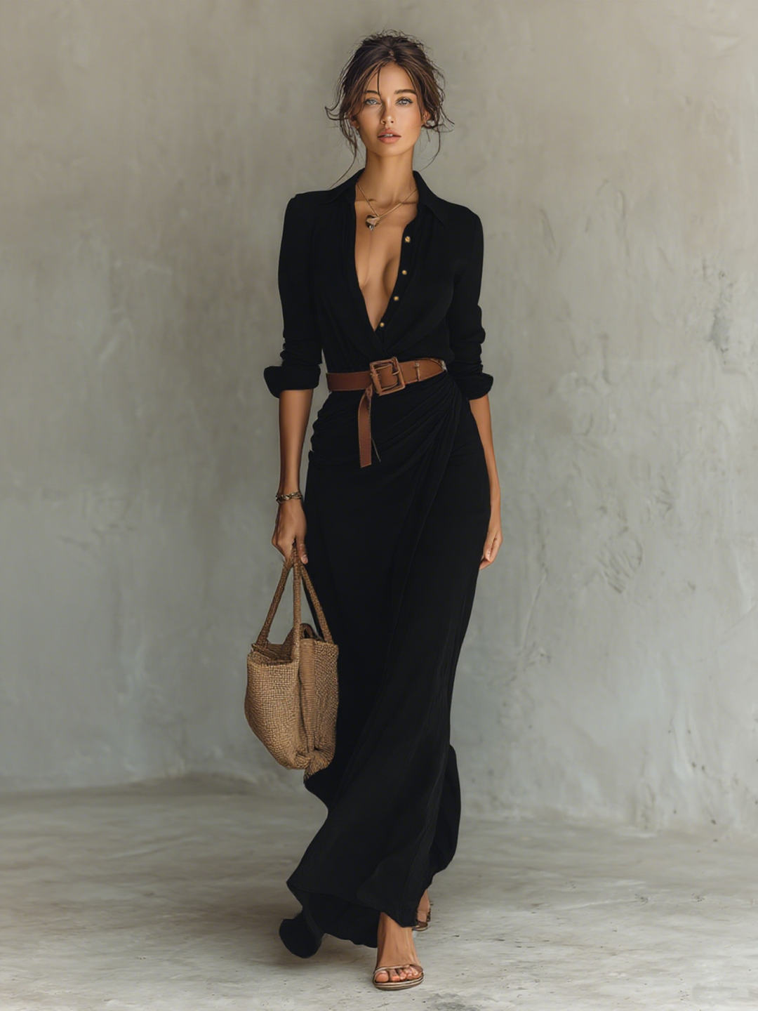 Women's Long Maxi Dress with Notched Collar and Full Sleeves