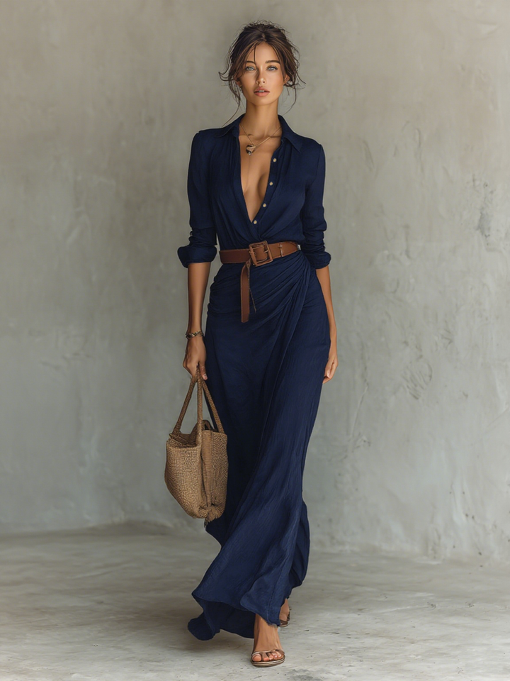 Women's Long Maxi Dress with Notched Collar and Full Sleeves