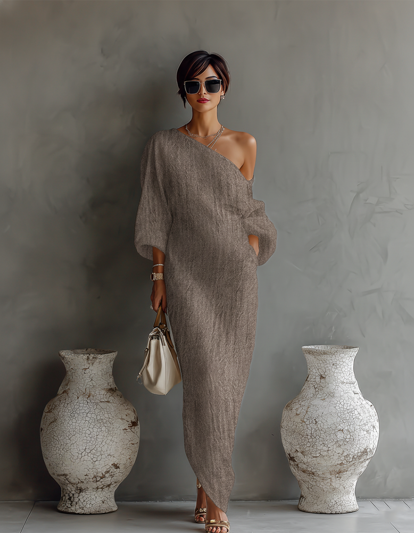 Ivory White Cotton-Linen Off-Shoulder Elegant Flowing Dress