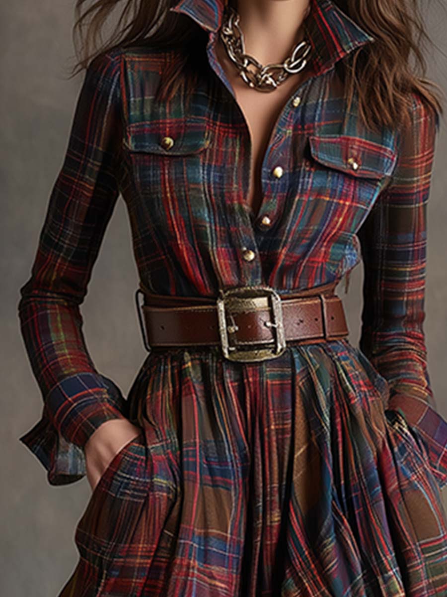 Harriet™ – Belted Plaid Maxi Shirt Dress