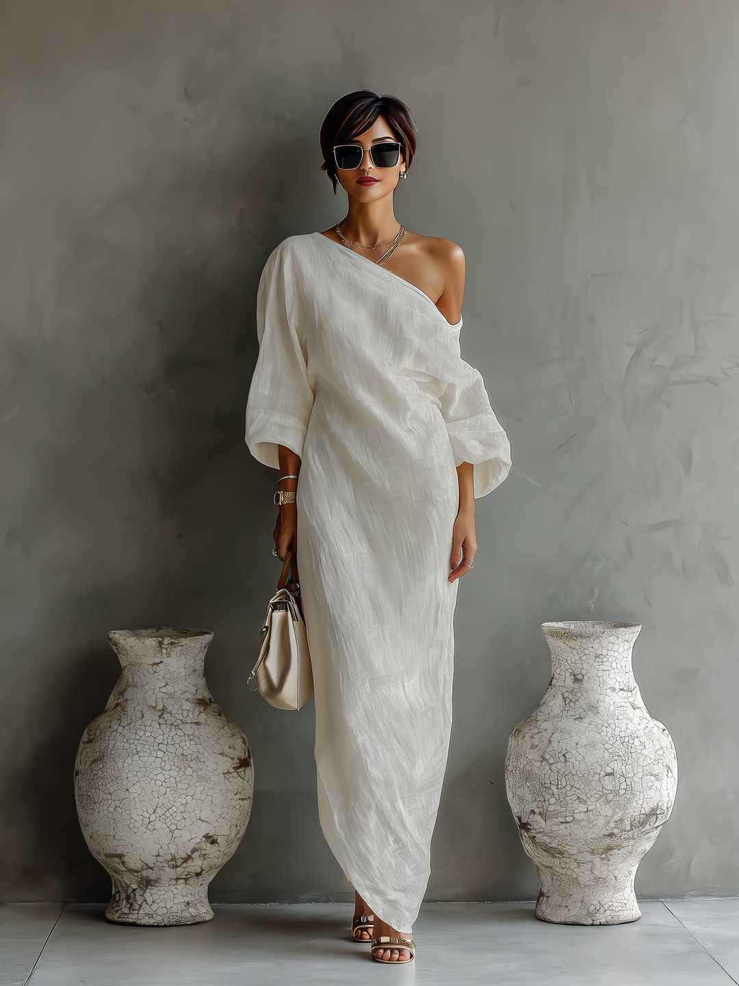 Ivory White Cotton-Linen Off-Shoulder Elegant Flowing Dress