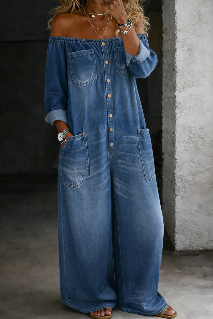 Elena™ Off-Shoulder Denim Jumpsuit