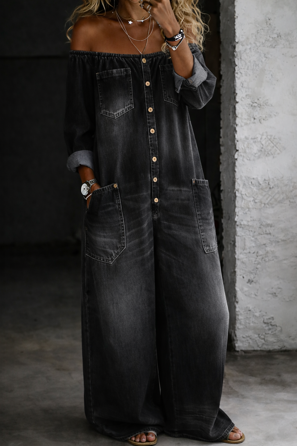 Elena™ Off-Shoulder Denim Jumpsuit