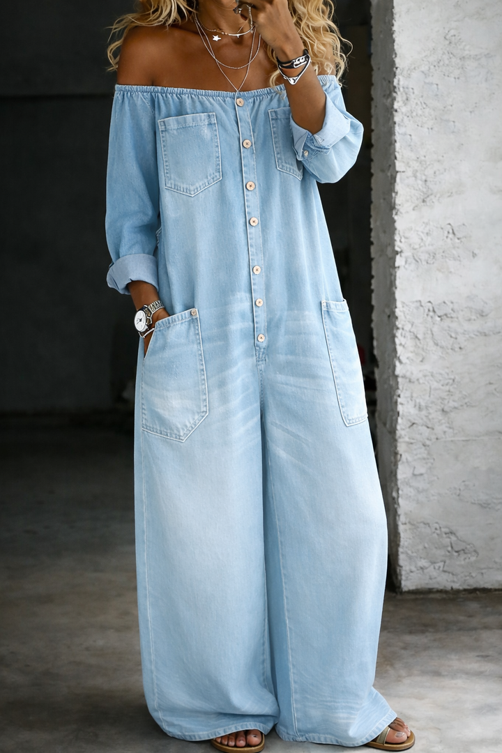 Elena™ Off-Shoulder Denim Jumpsuit