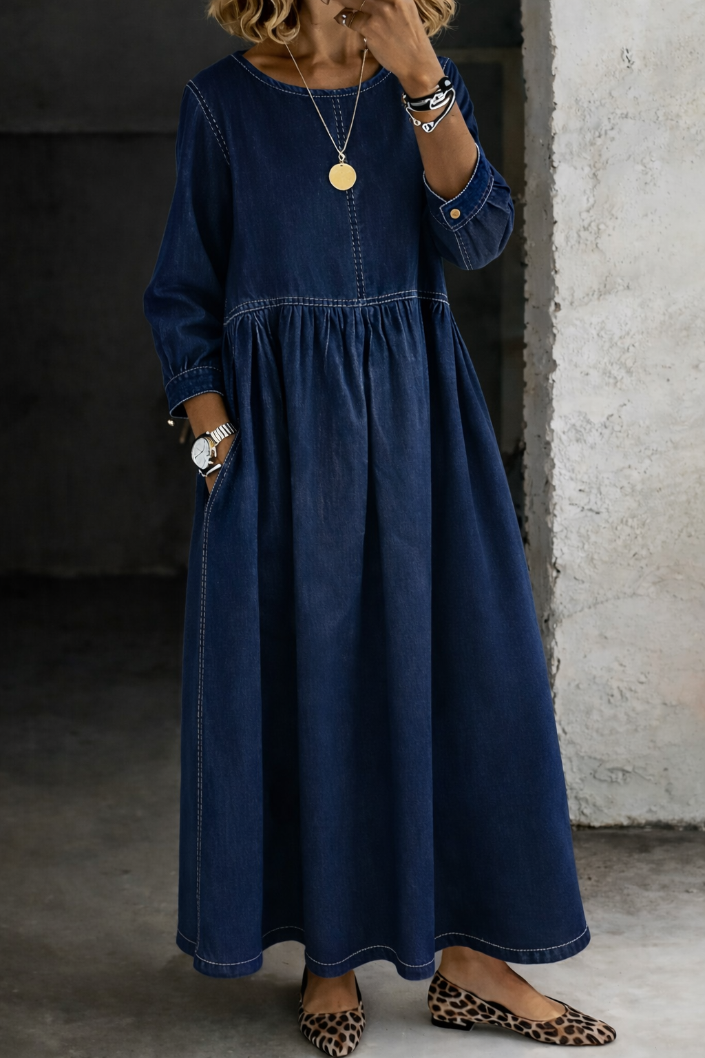 Melissa™ | Long Sleeve Round Neck Denim Dress