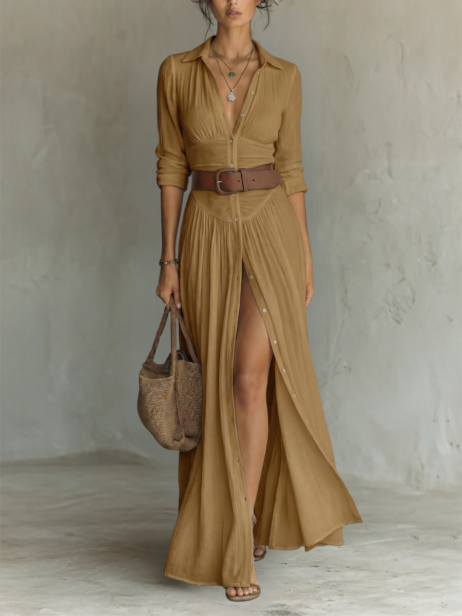 Linen Long Maxi Dress for Women with Notched Collar and Long Sleeves