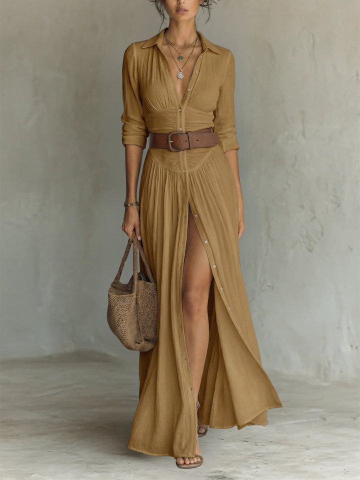 Linen Long Maxi Dress for Women with Notched Collar and Long Sleeves