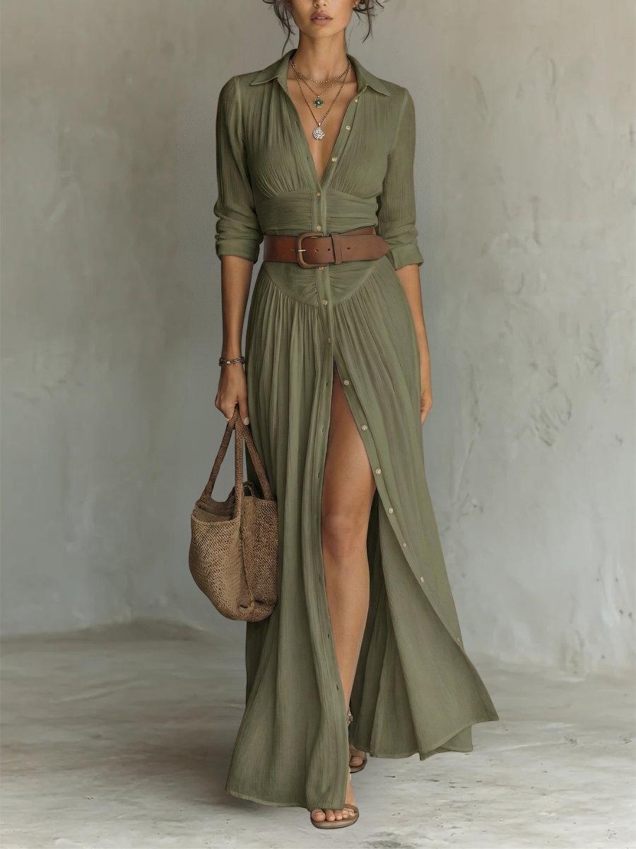 Linen Long Maxi Dress for Women with Notched Collar and Long Sleeves