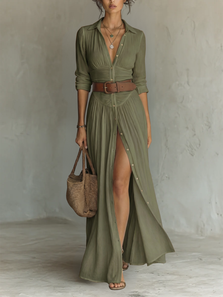 Linen Long Maxi Dress for Women with Notched Collar and Long Sleeves
