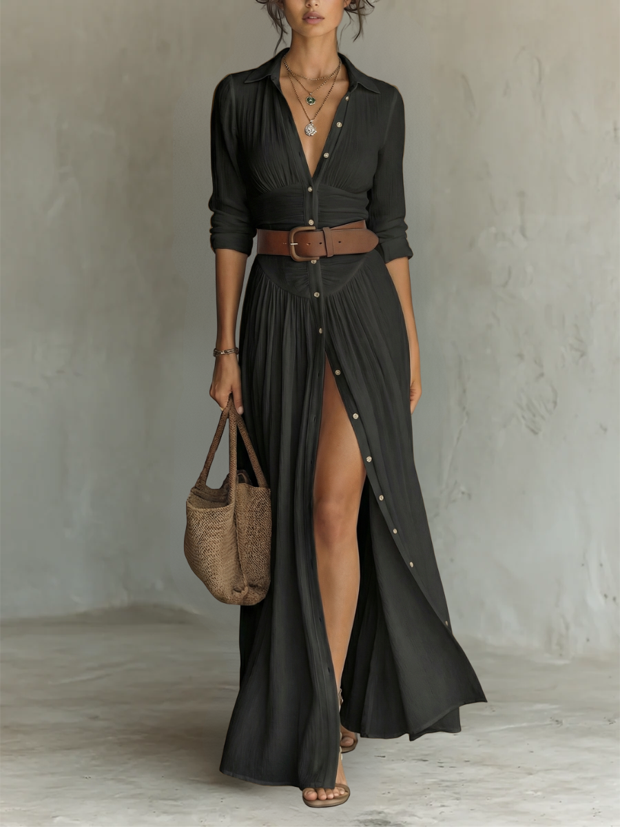 Linen Long Maxi Dress for Women with Notched Collar and Long Sleeves