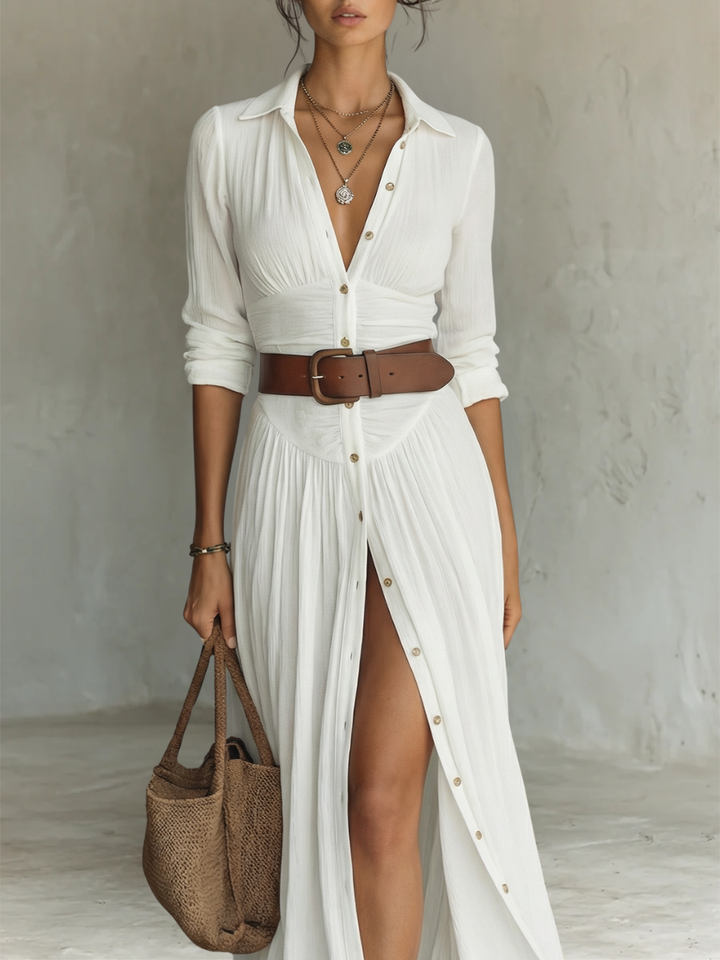 Linen Long Maxi Dress for Women with Notched Collar and Long Sleeves