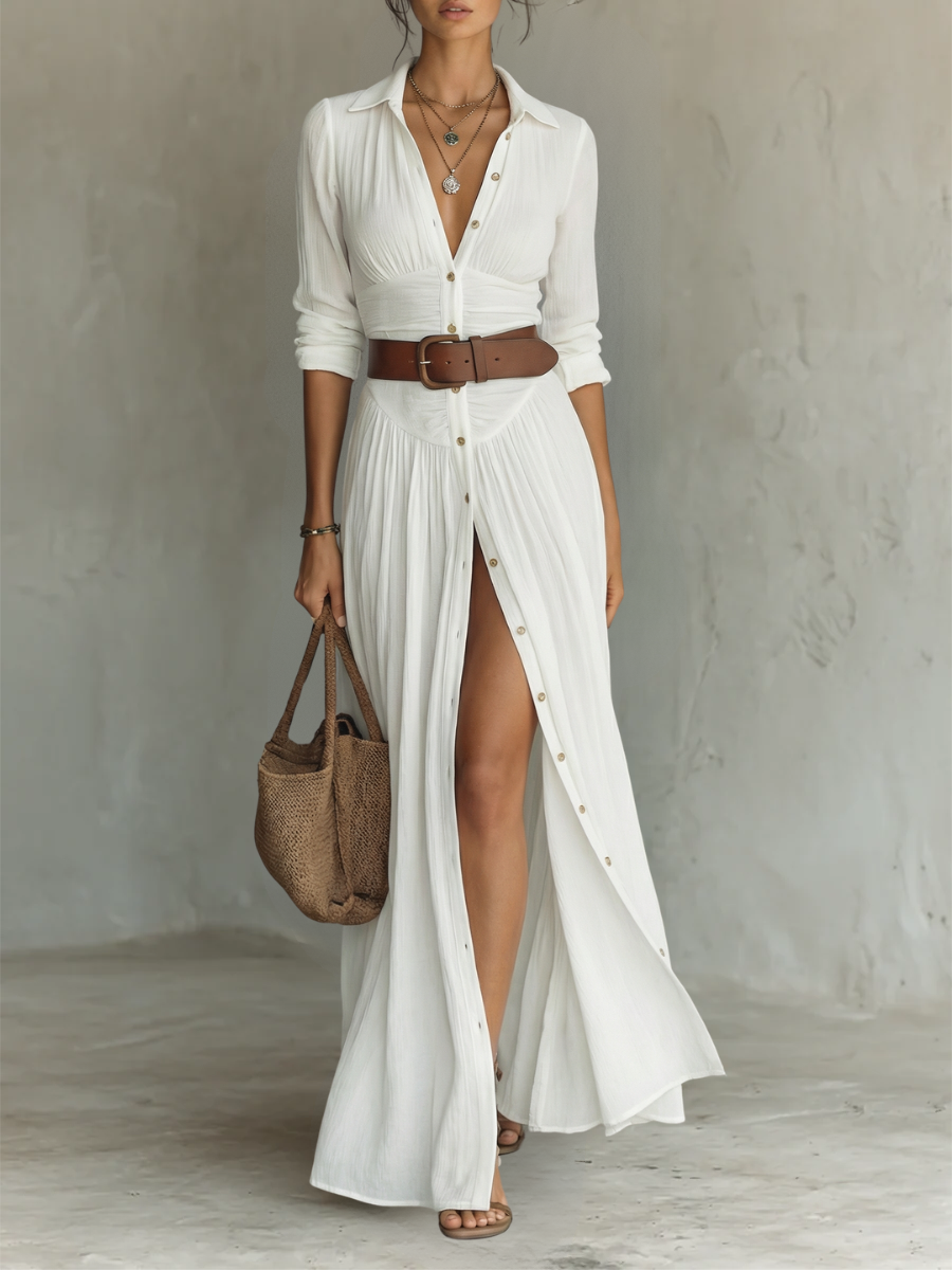 Linen Long Maxi Dress for Women with Notched Collar and Long Sleeves