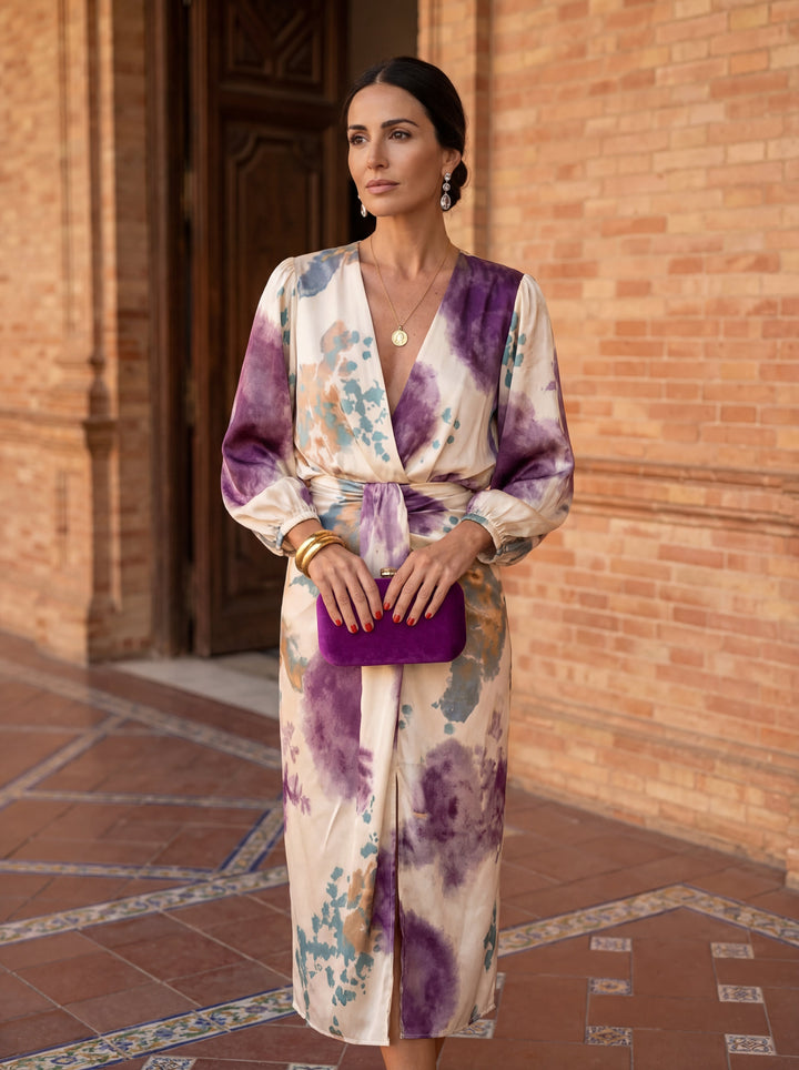 Célestia™ – Elegant V-Neck Satin Midi Dress