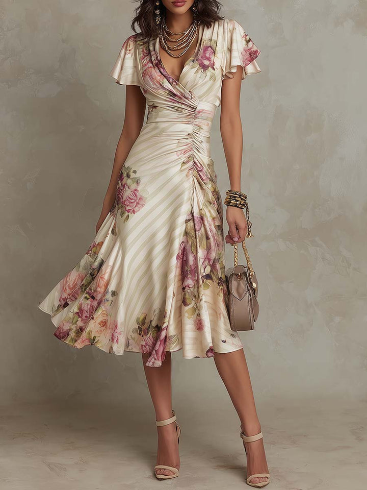 Alba™ – Vintage Floral Satin Midi Dress