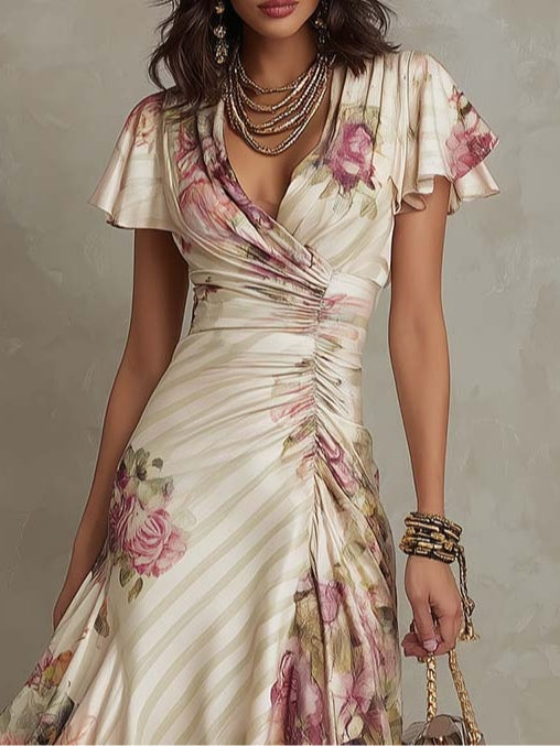 Alba™ – Vintage Floral Satin Midi Dress