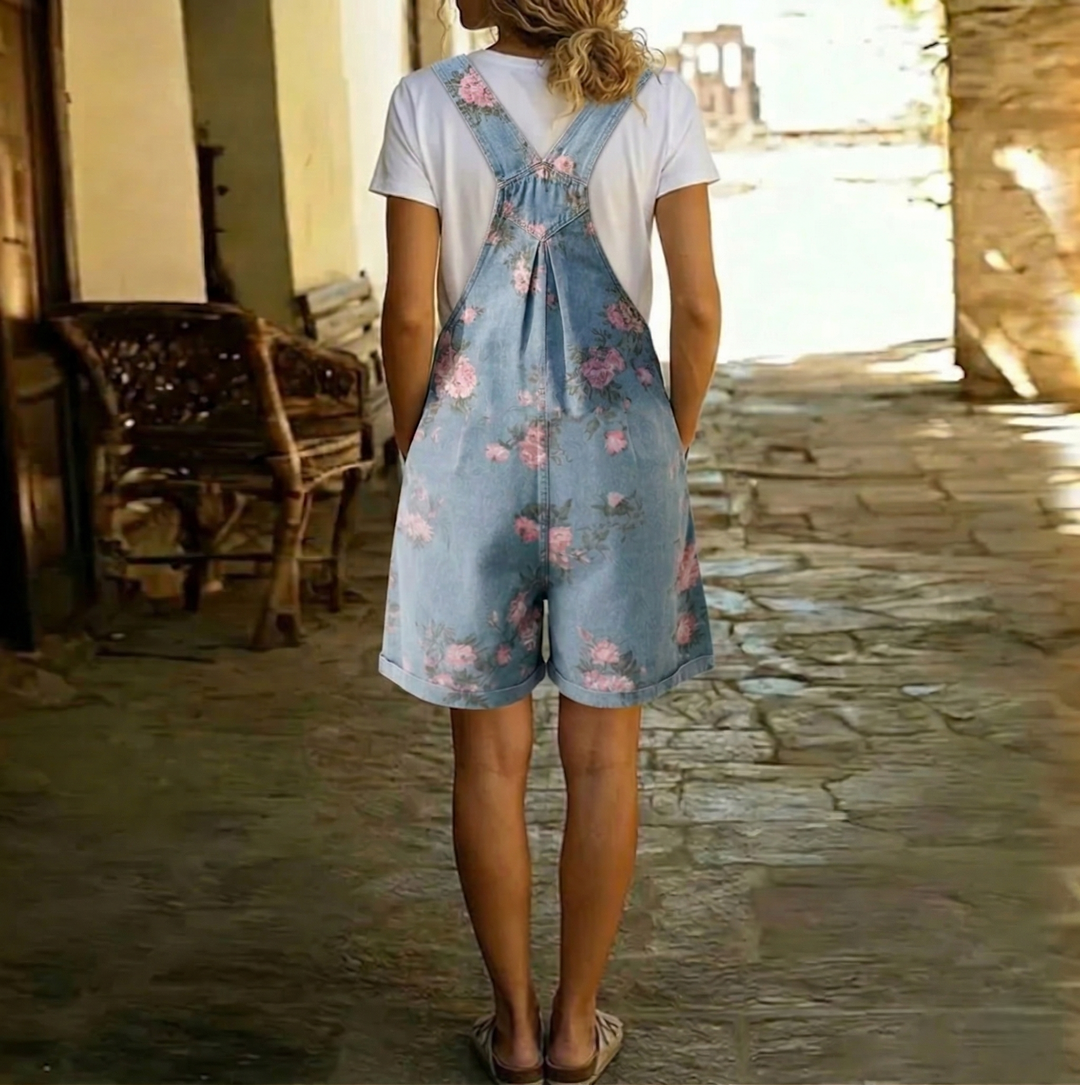 Judy™ | Retro Floral Denim Jumpsuit with Vintage Wash